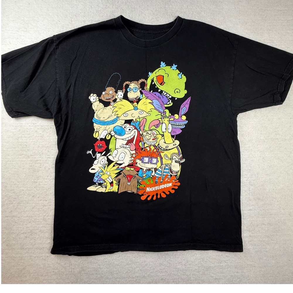 Nickelodeon Mens Large Black 90s Cartoon Graphic T-Shirt Rugrats Hey Arnold 2020